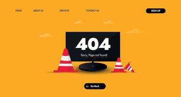 404 error. error 404 en negro pantalla cubrir bandera, web página modelo con rojo tráfico conos con naranja antecedentes. sistema error, roto página modelo para sitio web. vector