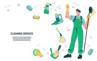 Cleaning service website banner design in doodle style. Cleaning company advertising web page or flyer template with cleaning and household tools. vector
