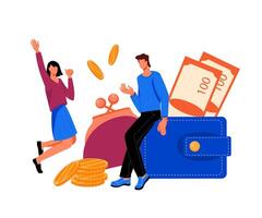 Tiny people surrounded with various money coins and currency banknotes. Illustration on theme of money savings, getting profit and family budget economy. vector