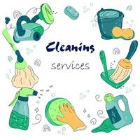 Cleaning services card or banner design with various washing tools in doodle style. Cleaning company advertisement. vector