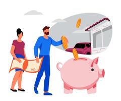 Banner of saving money and getting a loan or mortgage concept with people putting coins in a piggy bank. Family saving money or taking out a loan for future purchases. vector