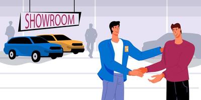 Auto seller and buyer when concluding a deal in a car dealership. Car sale deal with a car dealer shakes hands with the new owner in showroom. vector