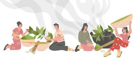 Banner with people drinking green and Matcha tea, flat illustration. People enjoying flavor of green natural organic tea among teaware. vector