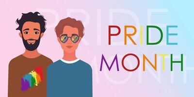 LGBTQ PRIDE month banner with lovers supporting LGBT plus rights and movements. happy pride day. celebration and commemoration of lesbian, gay, bisexual, and transgender pride vector