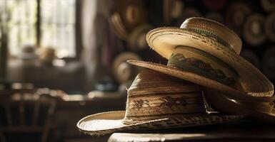 Tres auténtico Paja sombreros en un todavía vida fotografía foto