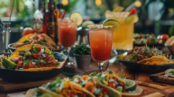 Mexican tacos party festive table set with plates of traditional Mexican dishes photo