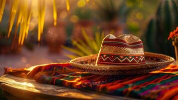 Sombrero rests on vibrant tablecloth under a cloudy sky photo