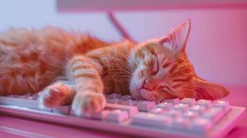 A ginger cat is sleeping on a white keyboard. photo