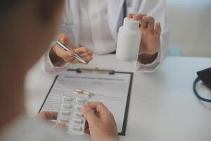 Healthcare service and pharmacy worker with customer at store counter for medication explanation. Pharmaceutical advice and opinion of pharmacist helping girl with medicine information. photo