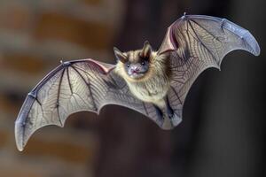 un marrón murciélago es volador con sus alas untado ancho. foto