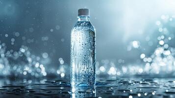 un agua botella se sienta en un charco, conteniendo líquido refresco para Bebiendo foto