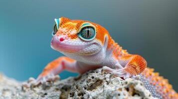 A tokay gecko is sitting on a piece of coral. The gecko is orange with blue eyes and a pink nose. photo