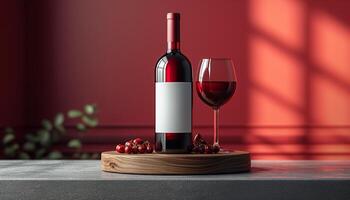 Red wine in a glass and bottle of wine with mock up label on table photo