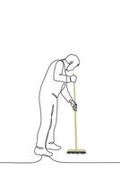 man sweeps with mop - one line drawing . concept janitor, cleaning company worker or householder cleaning vector