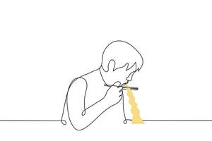 hombre comiendo tallarines con palillos - uno línea dibujo . el concepto de comiendo largo fideos, asiático cocina vector