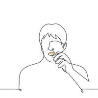 hombre comiendo meriendas con su manos nachos, papas fritas uno línea dibujo . concepto comer seco comida vector