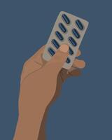 Illustration of pill pack in human hand. Pill reminder. Taking vitamins. Buying pills. vector