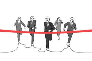 crowd of businessmen running towards red finishing tape - one line drawing . concept competition in business and finance, male competitiveness vector