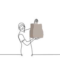 man in a cap stands holding a huge bag and supporting it with his hand from below - one line drawing . concept courier delivers the order vector