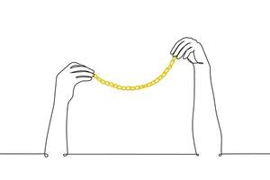 two hands holding golden thick chain - one line drawing . concept jewelry store, thick gold chain vector