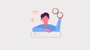 Man with a search field holding binoculars and searching for something. Flat concept animation for search without background. video