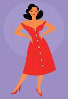 Pinup illustration with red dress and brown hair vector