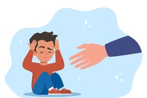 Human hand helps unhappy and sad kid in depression sitting. Mental health concept. vector