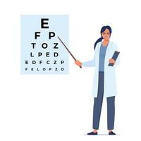 Oculist standing near eye test board and showing letter. Ophthalmology diagnostics, vision correction, optometry. Ophthalmologist checking eyesight of patient. Eye clinic appointment. vector
