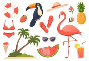 verano iconos flamenco, tucán, tropical palma hojas, piña, hielo crema, cóctel, palmera, sandía, sombrero, traje de baño, flor. Hora de verano póster elementos. vector