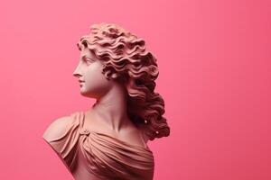 griego antiguo escultura de hembra cabeza con rosado pastel antecedentes. antiguo estatua de mujer diosa en perfil. moderno de moda y2k estilo bandera para collage o publicidad con Copiar espacio foto