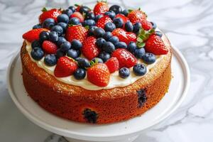 fresa y crema queso verano pastel en blanco mármol tablero. hecho en casa arándanos postre en blanco mesa foto