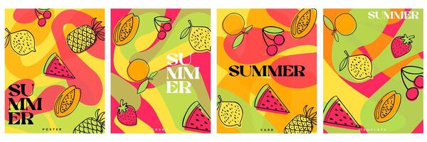 Creative concept for a set of summer bright and juicy cards. Modern abstract artistic design with flowing shapes, fruits and berries. Templates for holiday, advertising, branding, banner, cover. vector