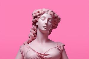 Antique Statue of Woman with flowing hair, closed eyes, and a serene expression. The pink background complements her graceful jawline and delicate eyelashes photo