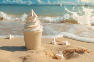 verano hielo crema en gofre taza en contra el fondo de el playa y mar. concepto de relajación y divertido en Hora de verano. bandera con Copiar espacio para ventas y publicidad de refrescante dulce comida foto