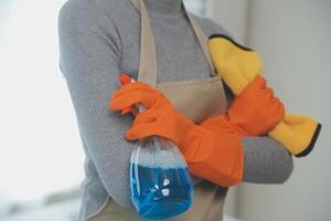 Woman cleaning table using rag and diffuser at home. photo