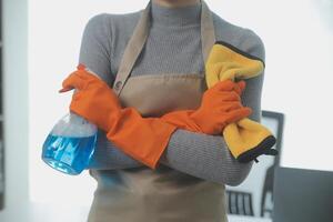 mujer limpieza mesa utilizando trapo y difusor a hogar. foto