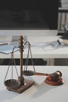 Law theme, gavel or mallet of the judge, lawyer enforcement officers, evidence-based cases taken into account in the court abount business, legislation. photo