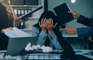 Stressful business man have so many paperwork in the office photo