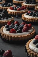 A close-up image of a variety of fresh berries on top of a cream tart. photo