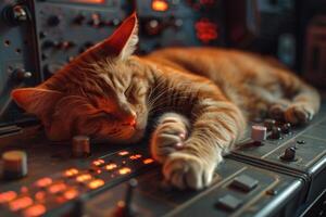 A ginger cat is sleeping on the control panel of a spaceship. photo