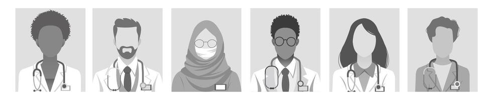 Default placeholder doctor profile icons. Diverse male and female avatar set, nurses and medical staff, professional images for forums, blogs, websites, online medical consulting or instant messengers vector