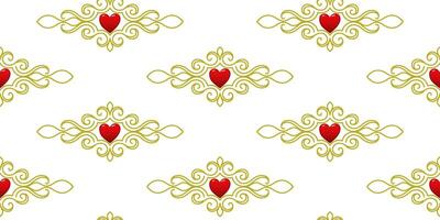 amarillo ornamento con rojo corazones en un blanco antecedentes. para tela, fondo de pantalla, envase papel, fiesta embalaje. vector