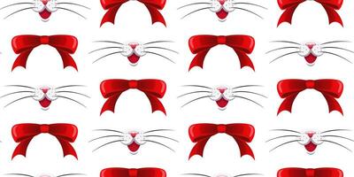 Red bows and a pink cats nose with long whiskers on a white background. Seamless pattern with red ribbons and animal nose. For fabric, wallpaper, wrapping paper, holiday packaging. vector