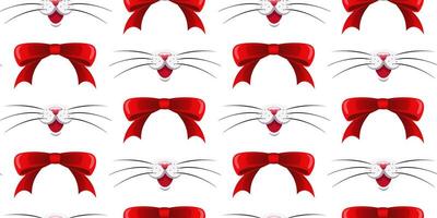 Red bows and a pink cats nose with long whiskers on a white background. Seamless pattern with red ribbons and animal nose. For fabric, wallpaper, wrapping paper, holiday packaging. vector