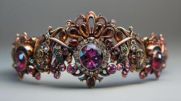 A tiara made of gold and silver with rubies, diamonds, and emeralds. photo