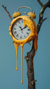 A clock melting on a tree branch. photo