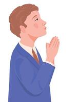 A boy in a smart suit for the first communion. The child is ready to receive the sacrament of the Eucharist. A young Catholic prays before the sacred sacrament of communion. vector