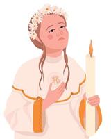Girl in a white dress for the first communion. The child is ready to receive the Eucharist. A young Catholic woman prays before the sacred sacrament of communion, holding a candle. vector