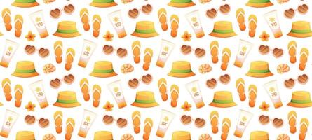 Seamless beach pattern with sunscreen, sunglasses, panama and flip flops. Summer pattern in orange color vector