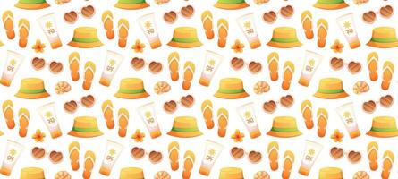 Seamless beach pattern with sunscreen, sunglasses, panama and flip flops. Summer pattern in orange color vector